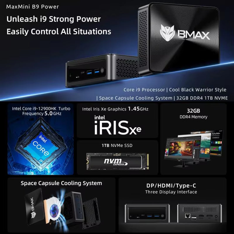 BMAX B9 Power Win 11 Mini PC 32GB+1TB Intel Core I9-12900H Support 3 Monitors Output Bmax Mini PC